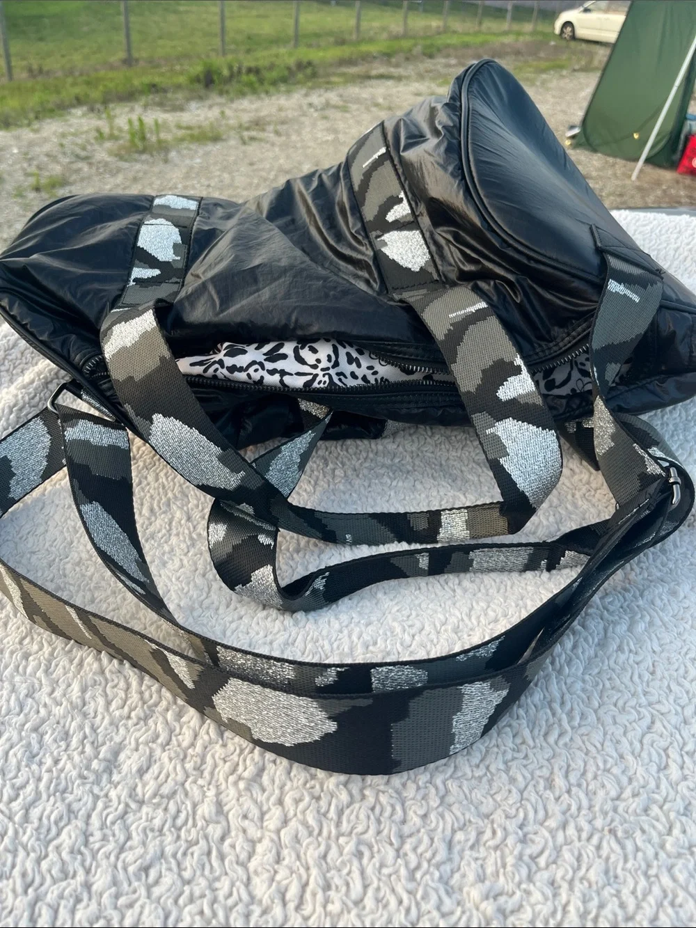 Jessica Simpson Black Quilted Duffel with Patterned Webbed Straps
